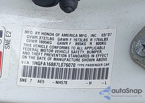 2007 Honda Civic Ex из США, поврежденный, VIN 1HGFA16887L076070